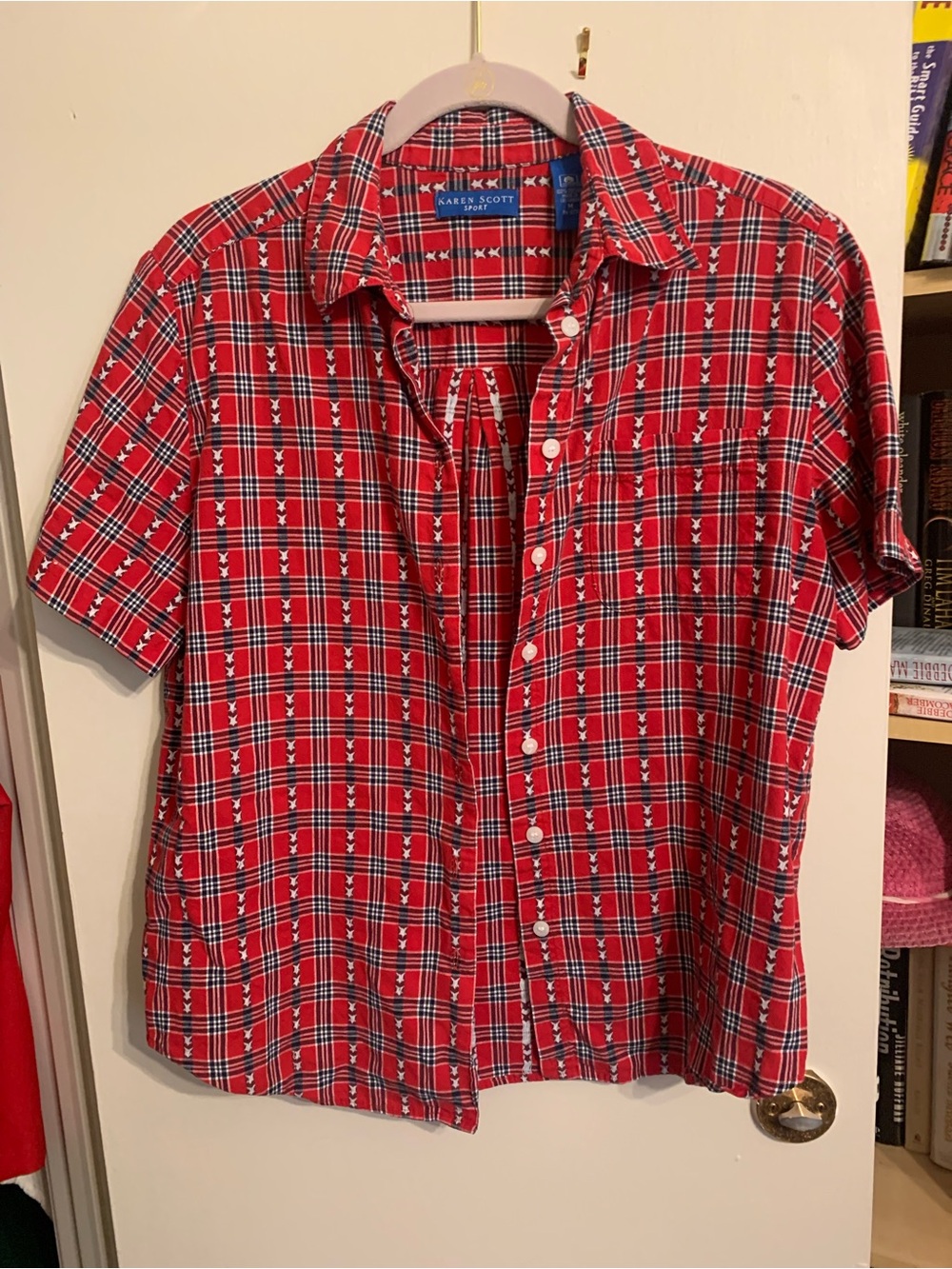 Karen Scott Red Plaid Short-Sleeve Button-Up Shirt with Navy and White Trim